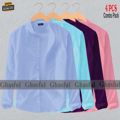Long Sleeve Band Collar Shirt_ SKY BLUE, PEST, PURPLE & PINK.