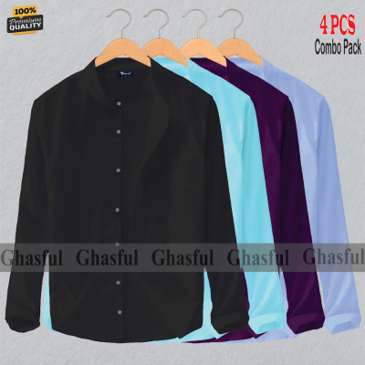 Long Sleeve Band Collar Shirt_ BLACK, PEST, PURPLE & SKY BLUE.