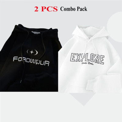 2 Pes Combo Premium Quality Hoodie For Men's - Black Forword & White Explore.