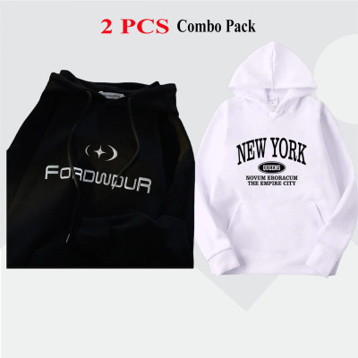 2 Pes Combo Premium Quality Hoodie For Men's - Black Forword & White New York.