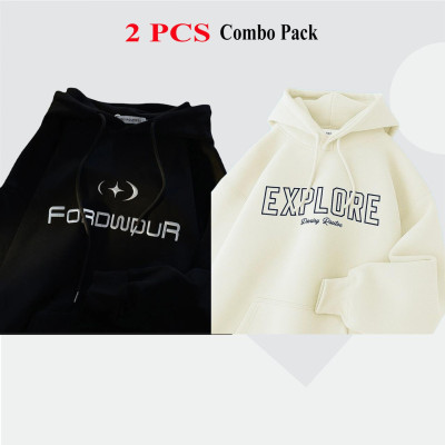 2 Pes Combo Premium Quality Hoodie For Men's - Black Forword & Cream Explore.
