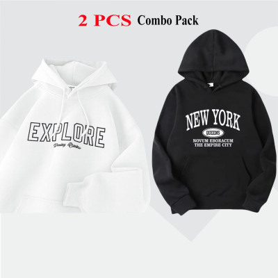2 Pes Combo Premium Quality Hoodie For Men's - White Explore & Black New York.