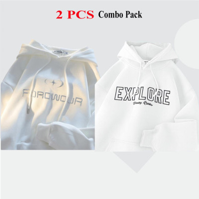 2 Pes Combo Premium Quality Hoodie For Men's - White Explore & White Forword.