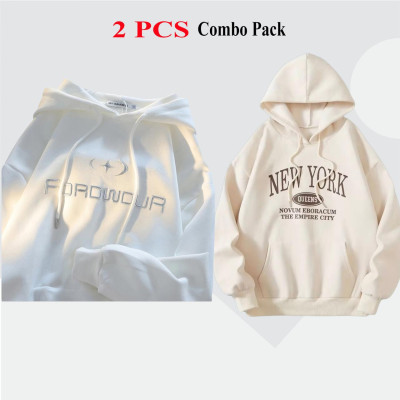 2 Pes Combo Premium Quality Hoodie For Men's - Cream New York & White Forword.