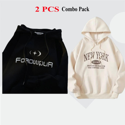 2 Pes Combo Premium Quality Hoodie For Men's - White Forword & Cream New York.
