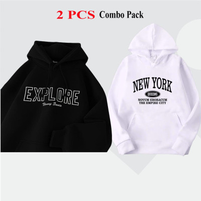 2 Pes Combo Premium Quality Hoodie For Men's - Black Explore & White New York.