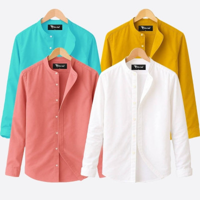 Long Sleeve Band Collar Shirt_ PINK, WHITE, PEST & KATHALI.