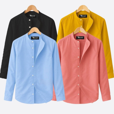 Long Sleeve Band Collar Shirt_ SKY BLUE, PINK, BLACK & KATHALI.