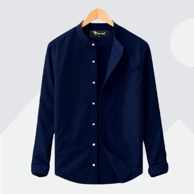 Long Sleeve Band Collar Shirt_ NAVY BLUE.